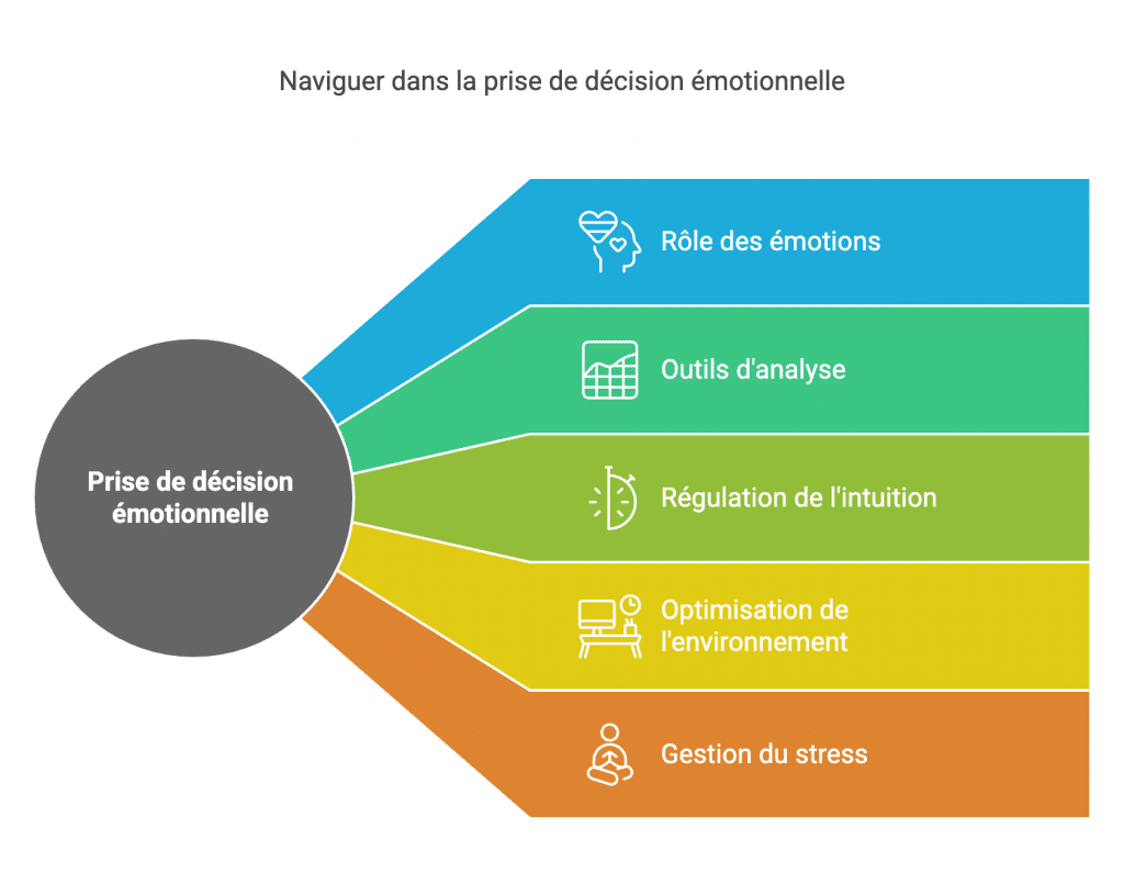 Illustration du rôle des émotions dans la prise de décision, montrant l’influence du stress, de l’intuition et de la régulation émotionnelle sur le cerveau des dirigeants.
