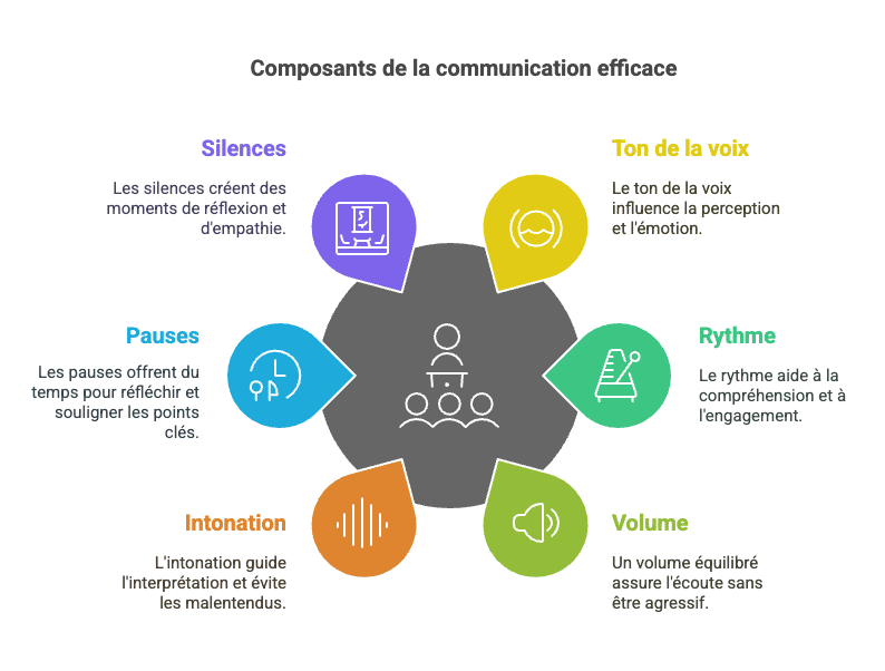 Schéma présentant les 6 piliers d'une communication efficace, notamment la communication paraverbale