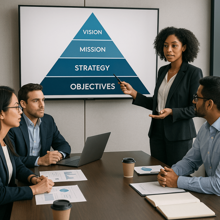 Équipe d'affaires analysant la Pyramide de la Stratégie en réunion