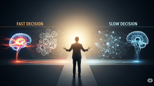 Illustration d'un leader face à deux chemins, représentant la décision rapide (neurosciences, engrenages) et la décision lente (réseau systémique, cerveau). Symbolise l'art de la décision stratégique pour chefs d'entreprise et managers.