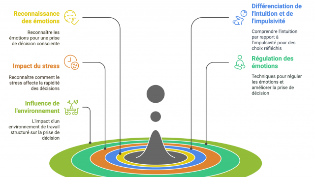 Schéma illustrant le rôle des émotions dans la prise de décision des dirigeants, mettant en évidence l'impact du stress et de l'intuition sur le cerveau.