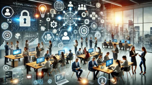 Équipe en réunion autour d'une table, échangeant des idées dans un environnement collaboratif – illustration d'une communication interne efficace pour renforcer l'engagement et la cohésion des employés.