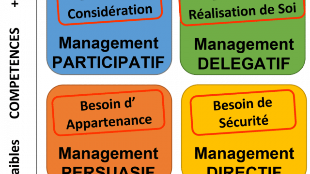 Schéma présentant les 4 types de management, classés par niveau de motivation et niveau de compétences