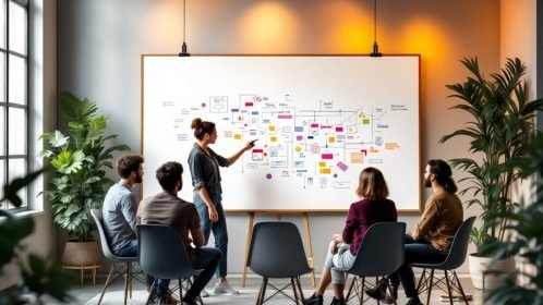 Illustration d'un groupe de travail en réunion utilisant un tableau blanc pour favoriser la collaboration et l'inclusion de toutes les voix.